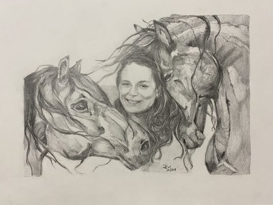 Desenho moça com cavalos